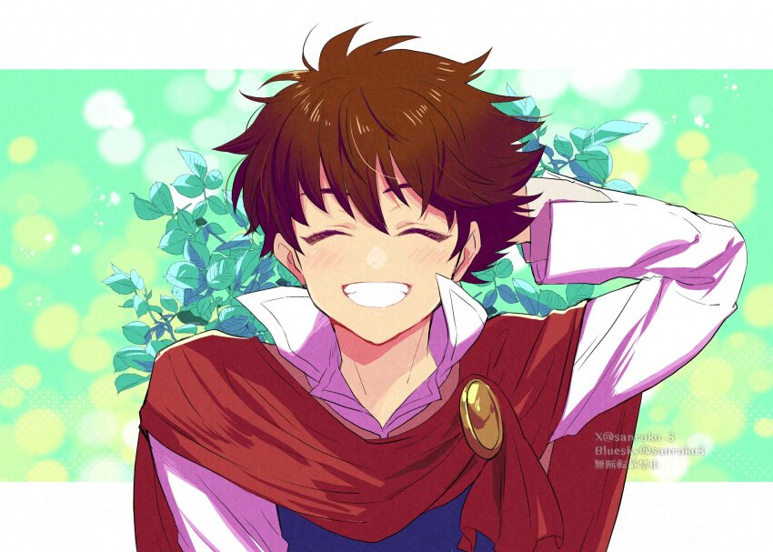 1boy arm_behind_head bartz_klauser blue_tunic border brooch brown_hair cloak closed_eyes final_fantasy final_fantasy_v green_background grin highres jewelry letterboxed light_blush long_sleeves male_focus popped_collar red_cloak sanroku_3 shirt short_hair smile solo teeth tunic upper_body white_border white_shirt