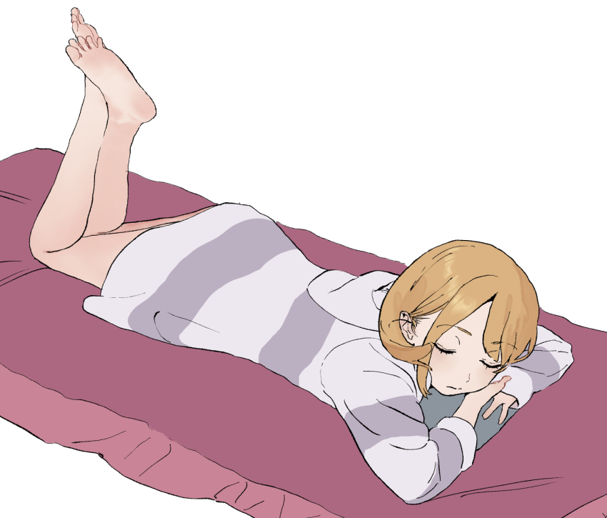1girl bare_legs barefoot brown_hair closed_eyes closed_mouth crossed_ankles feet feet_up full_body grey_hoodie highres hood hood_down hoodie legs long_sleeves lying medium_hair on_stomach original parted_bangs sekoshi_(some1else45) simple_background sleeping soles solo some1else45 striped_clothes striped_hoodie the_pose toes white_background
