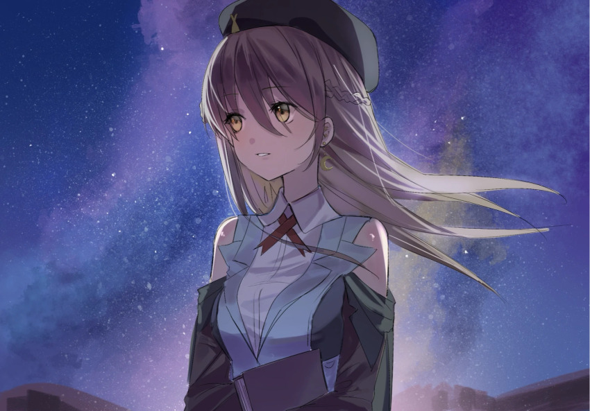 1girl beret braid breasts brown_hair crescent crescent_earrings earrings hair_ornament half_up_braid hat heaven_burns_red jewelry kr_woyue large_breasts long_hair night night_sky ooshima_ichiko sky solo star_(sky) starry_sky yellow_eyes