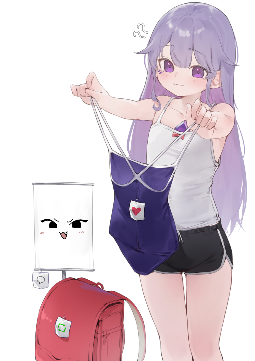 1girl ? ?? backpack bag bare_shoulders camisole casual collarbone gem highres hololive hololive_english koseki_bijou long_hair purple_eyes purple_hair randoseru school_swimsuit simple_background solo swimsuit theflatfacadeds virtual_youtuber white_background xaea_xp