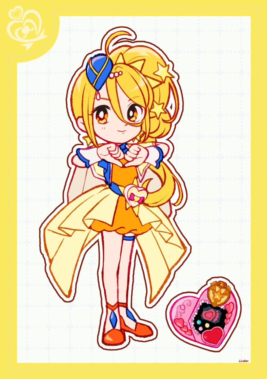 1girl beads blonde_hair blue_hat border braid braided_ponytail bright_pupils bubble_skirt closed_mouth collared_jacket cure_etoile deformed dot_nose dotted_line dress eyelashes full_body grid_background hair_beads hair_between_eyes hair_ornament happy hat high_heels highres hugtto!_precure jacket kagayaki_homare lapels light_blush long_hair long_skirt looking_at_viewer magical_girl mini_hat notched_lapels open_clothes open_jacket orange_dress orange_shorts outline pleated_skirt precure pumps short_dress short_sleeves shorts showgirl_skirt side_ponytail signature single_braid skirt smile solo star_(symbol) star_hair_ornament tareme uwded_207 white_background white_outline white_pupils white_wrist_cuffs wide_sleeves wrist_cuffs yellow_border yellow_eyes yellow_jacket yellow_skirt