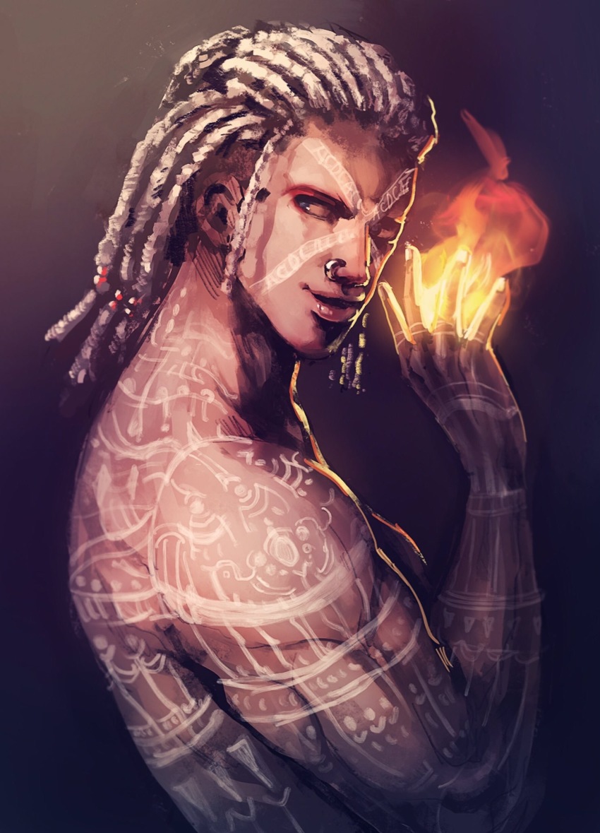 1boy alternate_hairstyle bad_id bad_pixiv_id battle_tendency body_writing bodypaint chocoblood dreadlocks esidisi facial_mark fire highres horns jojo_no_kimyou_na_bouken male_focus nose_piercing nose_ring piercing pyrokinesis solo white_hair