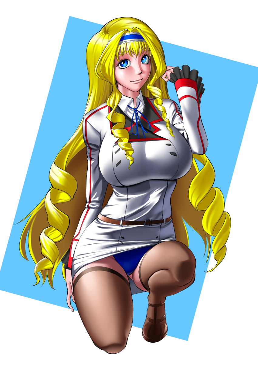 1girl absurdres arm_up blonde_hair blue_eyes blue_panties breasts cecilia_alcott drill_hair hairband high_heels highres infinite_stratos kneeling large_breasts legs long_hair looking_at_viewer panties pantyshot school_uniform smile solo thighhighs thighs underwear very_long_hair