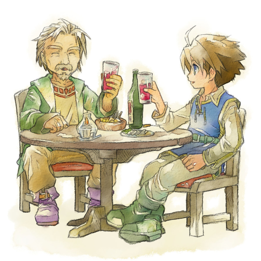 2boys alcohol bartz_klauser brown_hair candle chair closed_eyes cup drink eggru facial_hair final_fantasy final_fantasy_v food galuf_halm_baldesion goatee grey_hair highres holding holding_cup multiple_boys mustache old old_man plate red_wine sitting table wine
