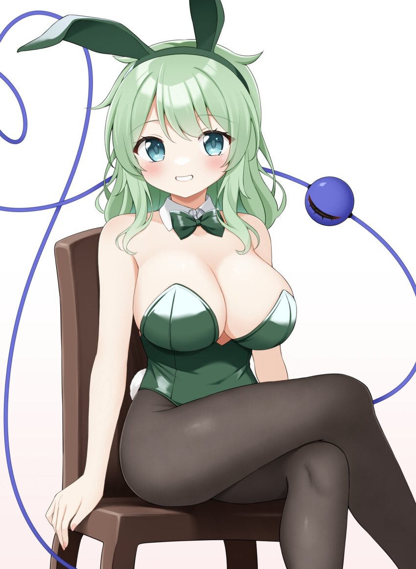 1girl animal_ear_hairband animal_ears black_pantyhose blush bow bowtie breasts chair cleavage covered_navel crossed_arms detached_collar fake_animal_ears fake_tail green_bow green_bowtie green_eyes green_hair green_hairband green_leotard grin hairband heart heart_of_string highres komeiji_koishi large_breasts leotard long_hair looking_at_viewer on_chair pantyhose playboy_bunny rabbit_ear_hairband rabbit_ears rabbit_tail simple_background sitting smile solo strapless strapless_leotard suwa_yasai tail third_eye touhou white_background