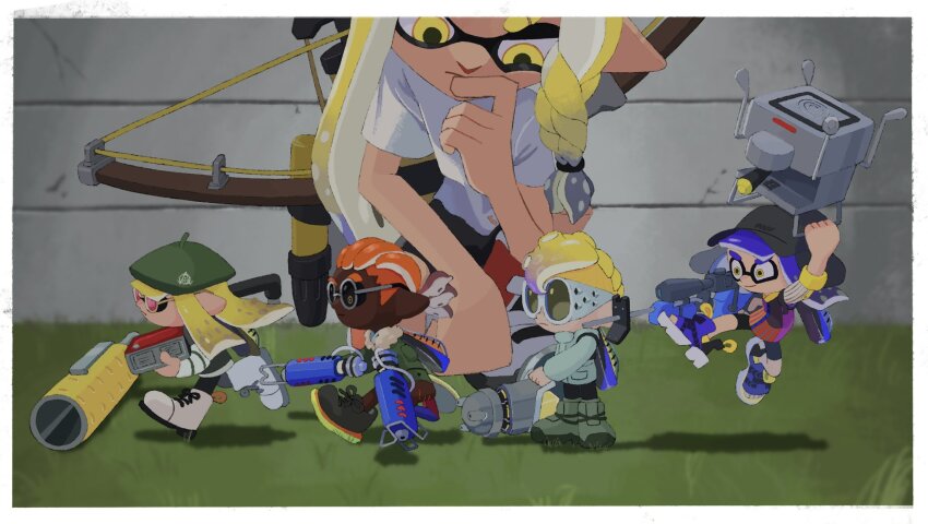 2boys 3girls asymmetrical_hair beret black_hat blonde_hair blue_hair boots border braid coat dark-skinned_male dark_skin e-liter_4k_(splatoon) eyebrow_cut flingza_roller_(splatoon) glasses glooga_dualies_(splatoon) goggles grass green_coat green_hat hat highres hyper_chikuwabu ink_tank_(splatoon) inkling inkling_boy inkling_girl inkling_player_character long_hair mohawk multiple_boys multiple_girls nautilus_(splatoon) nintendo octoling octoling_boy octoling_player_character orange_hair pink-tinted_eyewear pointy_ears round_eyewear running shadow shirt short_hair short_sleeves splatoon_(series) squatting standing tentacle_hair tinted_eyewear torn_clothes torn_shirt tri-stringer_(splatoon) uneven_eyes white_border white_footwear white_shirt yellow_eyes