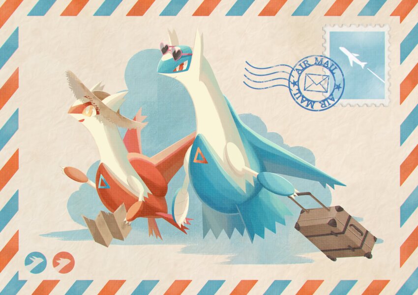 absurdres claws closed_mouth clothed_pokemon eyewear_on_head full_body gen_3_pokemon hat highres holding holding_map holding_suitcase latias latios legendary_pokemon letter map nintendo no_humans open_mouth pokemon pokemon_(creature) pokemon_focus postage_stamp ramune_(sea_glassblue) red_eyes rolling_suitcase smile straw_hat suitcase sun_hat sunglasses yellow_eyes