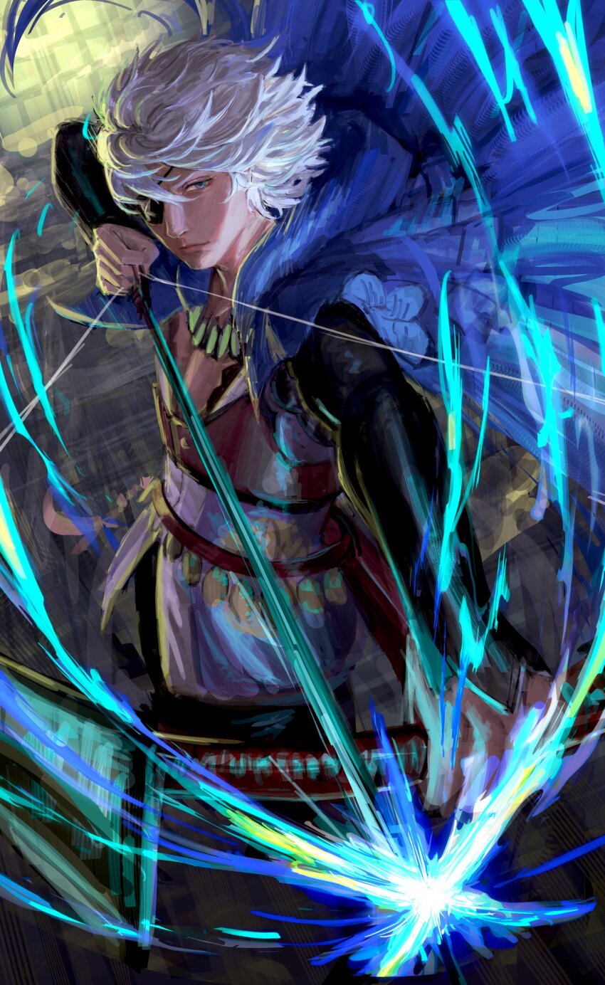 1boy arrow_(projectile) blue_eyes bow_(weapon) dark-skinned_male dark_skin fire_emblem fire_emblem_fates highres holding holding_arrow holding_bow_(weapon) holding_weapon looking_at_viewer niles_(fire_emblem) nintendo skin_tight solo usukuchi_(impasto_life) weapon