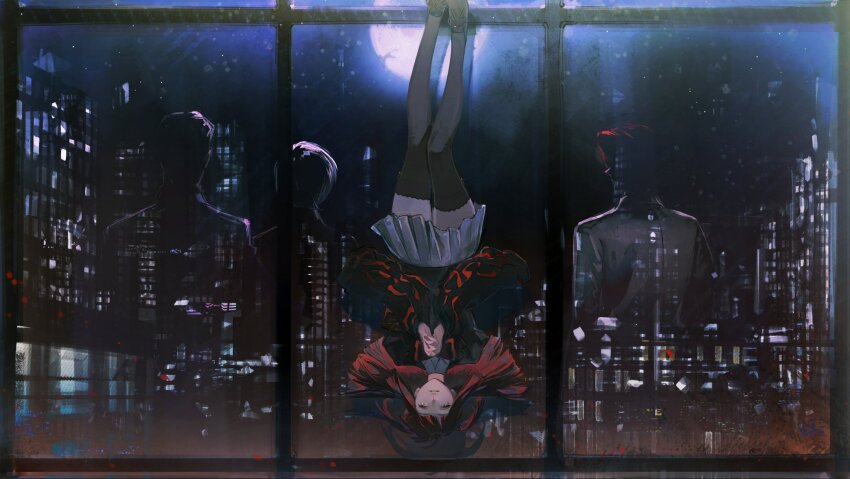 2boys 2girls black_jacket black_thighhighs blunt_bangs commentary_request falling highres interlocked_fingers jacket kkia medium_hair moon multiple_boys multiple_girls night outdoors pleated_skirt red_hair reflective_surface skirt thighhighs umineko_no_naku_koro_ni ushiromiya_ange ushiromiya_battler ushiromiya_kyrie ushiromiya_rudolf white_skirt window