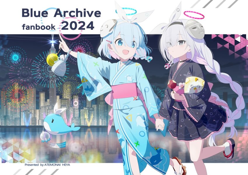 1other 2girls aerial_fireworks alternate_costume arona_(blue_archive) black_eyes black_hairband black_kimono blue_archive blue_eyes blue_hair blue_halo blue_kimono braid building colored_inner_hair dolphin doodle_sensei_(blue_archive) english_text fireworks gotyou grey_eyes grey_hair hair_over_one_eye hairband halo index_finger_raised japanese_clothes kimono long_hair long_sleeves mask mask_on_head multicolored_hair multiple_girls obi open_mouth parted_lips phrenapates_(blue_archive) pink_hair plana_(blue_archive) red_halo sash sensei_(blue_archive) short_hair single_braid smile twitter wide_sleeves