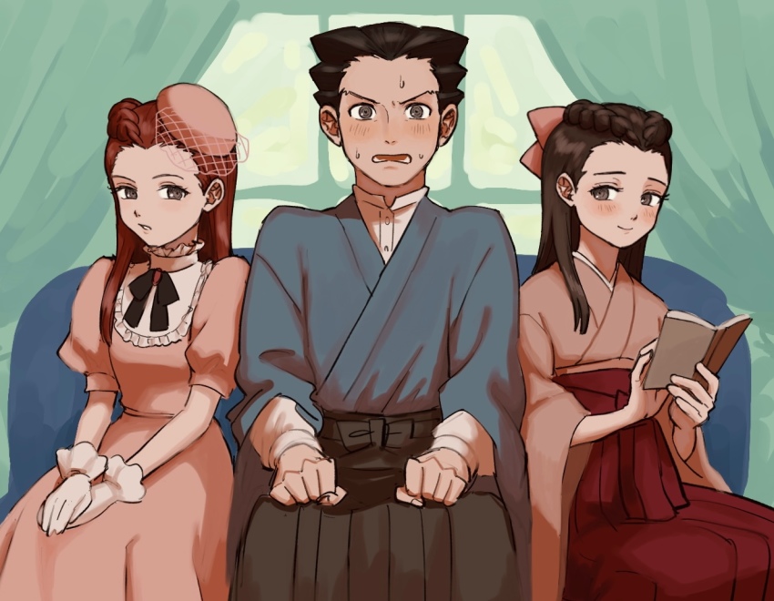 ace_attorney bad_id bad_pixiv_id black_hair blush book bow brown_eyes brown_hakama clenched_hands d: dahlia_hawthorne dress flustered gloves hair_bow hakama hat holding holding_book iris_(ace_attorney) japanese_clothes kimono open_mouth phoenix_wright reading red_hair red_hakama renshu_usodayo ribbon siblings sisters sweat taishou taishou_era white_gloves