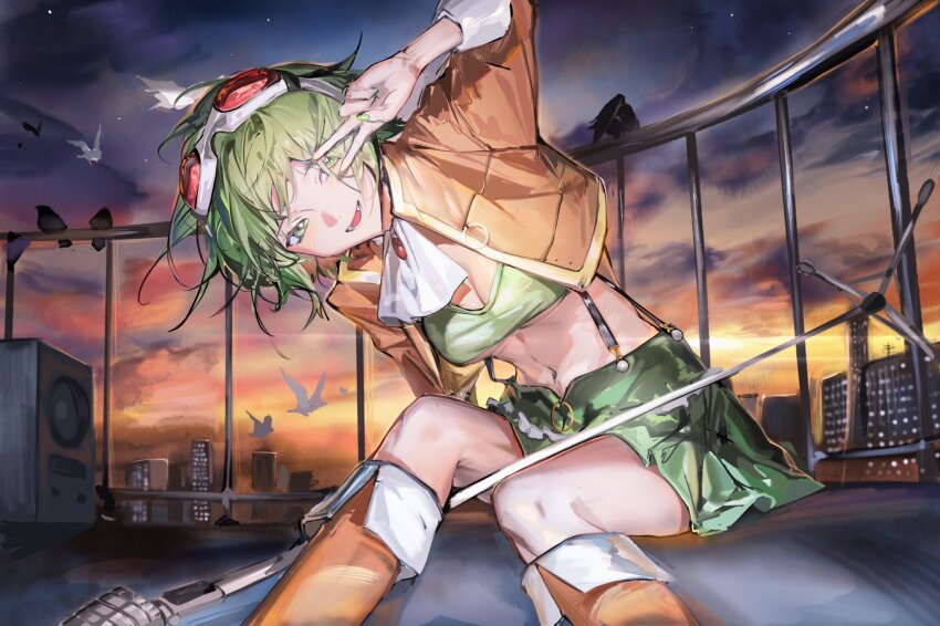 artist_request breasts cleavage goggles goggles_on_head green_eyes green_hair gumi highres jacket microphone microphone_stand navel night night_sky skirt sky smile vocaloid