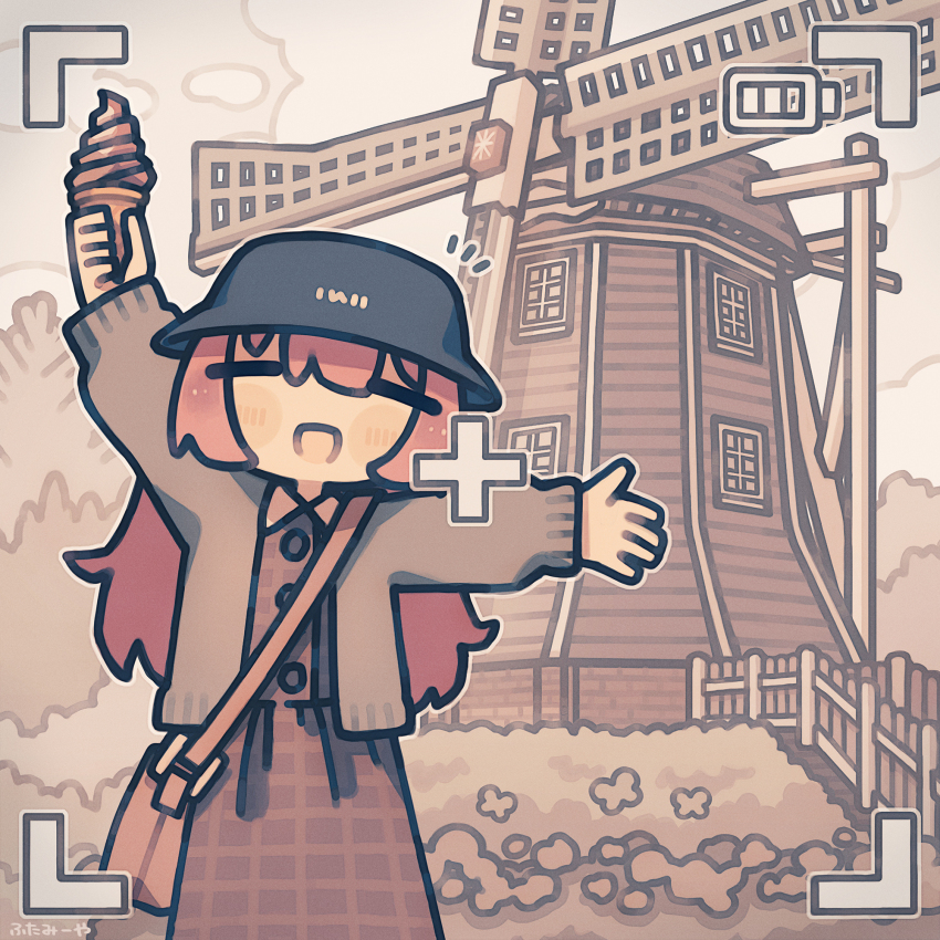 1girl arm_up bag black_hat buttons closed_eyes dress facing_viewer food futami_ya hat highres holding holding_ice_cream_cone ice_cream ice_cream_cone jacket long_hair long_sleeves open_clothes open_jacket open_mouth original outdoors plaid_clothes plaid_dress red_hair shoulder_bag smile soft_serve solo standing viewfinder windmill