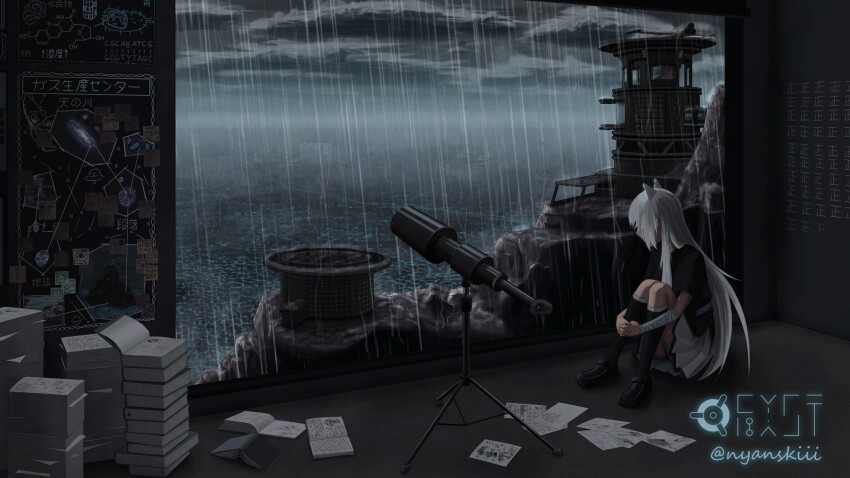 1girl absurdres animal_ears bandaged_arm bandages belt black_panties black_shirt black_shoes black_socks blueprint_(object) book building fake_animal_ears fog grey_sky highres horizon kneehighs long_hair mountain nyanskii original panties paper rain science_fiction self-upload shirt shoes skirt sky socks solo spacecraft storm telescope underwear very_long_hair water_drop white_hair white_skirt