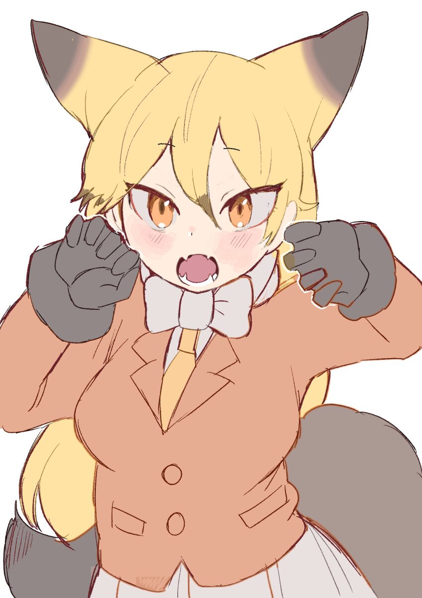 1girl animal_ears blush bow bowtie brown_fur brown_gloves brown_hair claw_pose cowboy_shot extra_ears ezo_red_fox_(kemono_friends) fangs fox_ears fox_girl fox_tail fur_trim gloves grey_skirt hair_between_eyes highres igarashi_(nogiheta) jacket kemono_friends kemono_friends_3 long_hair long_sleeves multicolored_hair necktie open_mouth orange_eyes orange_hair orange_jacket orange_necktie pleated_skirt sidelocks skirt solo tail white_bow white_bowtie