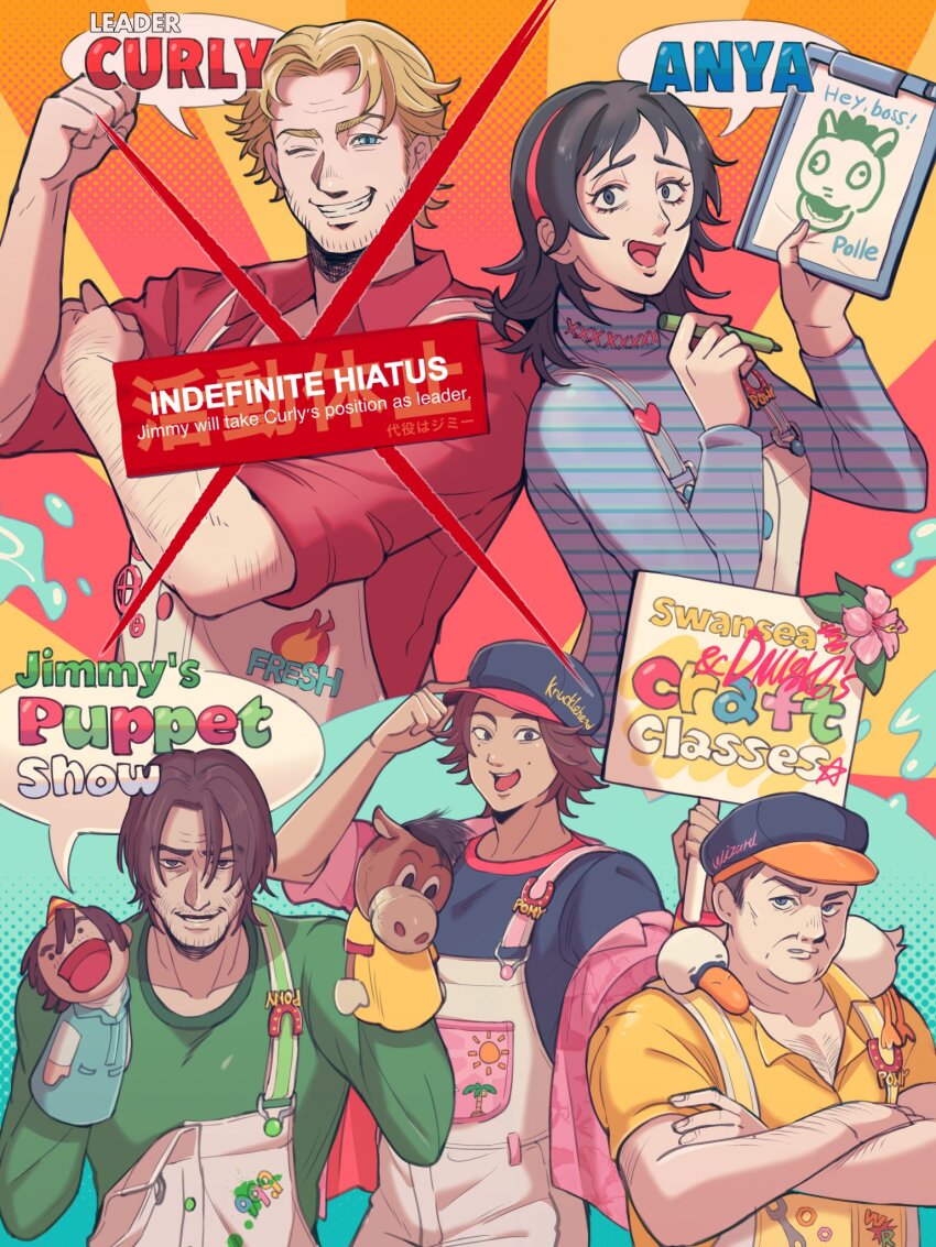 1girl 4boys ;) anya_(mouthwashing) bird black_hair black_shirt blonde_hair blue_hair blue_sweater brown_hair clenched_hand clipboard crossed_arms crossed_out curly_(mouthwashing) curly_(pre-crash)_(mouthwashing) curtained_hair daisuke_(mouthwashing) facial_hair flower green_shirt grey_eyes grin hairband hand_puppet hat heart_pin hibiscus highres holding holding_clipboard holding_pen holding_sign jimmy_(mouthwashing) long_sleeves medium_hair mole mole_on_cheek mole_under_eye mouthwashing multiple_boys one_eye_closed open_clothes open_shirt overalls parted_bangs pen pink_flower pink_shirt polle_(mouthwashing) puppet red_hairband red_shirt rolling_sleeves_up shirt short_sleeves sign sleeves_rolled_up smile speech_bubble suna220861 swan swansea_(mouthwashing) sweater turtleneck we_can_do_it! white_overalls yellow_shirt