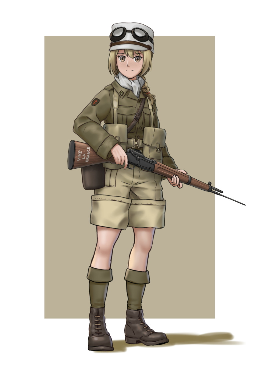 1girl absurdres belt belt_pouch black_boots blonde_hair bolt_action boots border brown_background brown_eyes brown_shorts commentary english_commentary foreign_legion freckles free_french full_body goggles goggles_on_headwear green_jacket green_socks gun hat highres holding holding_gun holding_weapon jacket kneehighs looking_at_viewer mardjan mas-36 military military_uniform original outside_border pouch rifle scarf shadow shorts simple_background smile socks soldier solo standing suspender_shorts suspenders weapon white_border white_hat white_scarf
