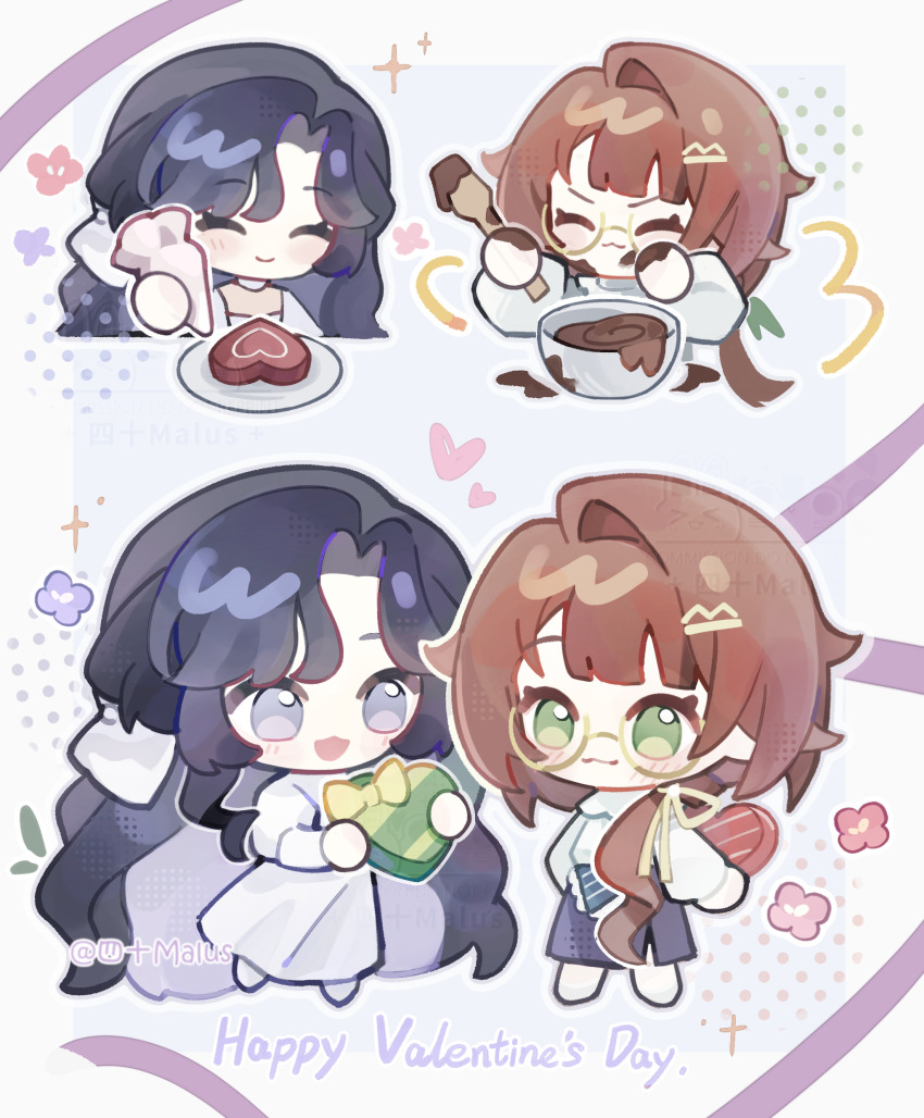 2girls :3 :d ^_^ absurdres artist_name black_hair blue_skirt box candy chibi chocolate chocolate_heart chocolate_making chocolate_on_face closed_eyes dress flower food food_on_face full_body gift gift_box glasses green_eyes happy_valentine heart heart-shaped_box heart-shaped_food highres holding holding_gift holding_pastry_bag holding_spoon isolde_(reverse:1999) kakania_(reverse:1999) long_hair looking_at_another mixing_bowl multiple_girls multiple_views open_mouth pastry_bag pink_flower purple_eyes purple_flower reverse:1999 round_eyewear shirt sishi_malus skirt smile spoon standing upper_body valentine white_dress white_shirt yuri