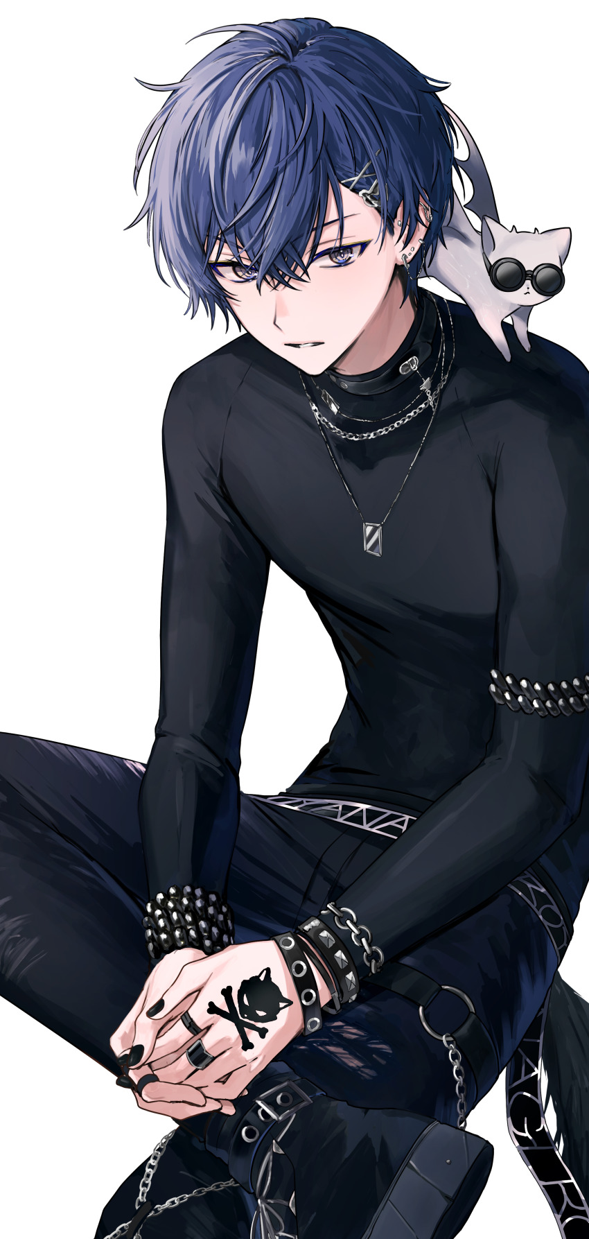 1boy :&lt; absurdres animal animal_on_shoulder armband belt belt_collar black_belt black_boots black_collar black_nails black_pants black_shirt blue_hair boots bracelet cat cat_on_shoulder chain closed_mouth collar commentary_request crossed_bangs ear_chain ear_piercing earrings figure_four_sitting hair_between_eyes hair_ornament hairclip hand_tattoo highres jewelry koyanagi_rou koyanagi_rou_(2nd_costume) long_sleeves looking_to_the_side male_focus multicolored_eyes multiple_bracelets multiple_earrings nail_polish necklace nijisanji otomo_(koyanagi_rou) own_hands_clasped own_hands_together pants parted_bangs parted_lips piercing shirt short_hair simple_background sitting solo studded_bracelet sunglasses tattoo tone_haruma transparent_background virtual_youtuber white_cat
