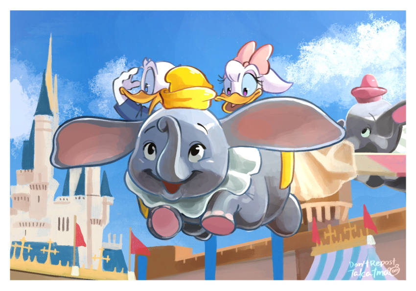 1boy 1girl castle daisy_duck disney disneyland donald_duck duck_boy duck_girl dumbo dumbo_(character) furry furry_male gamorangetana looking_at_viewer mickey_mouse_&amp;_friends mrs_jumbo_(dumbo) open_mouth shirt short_hair smile