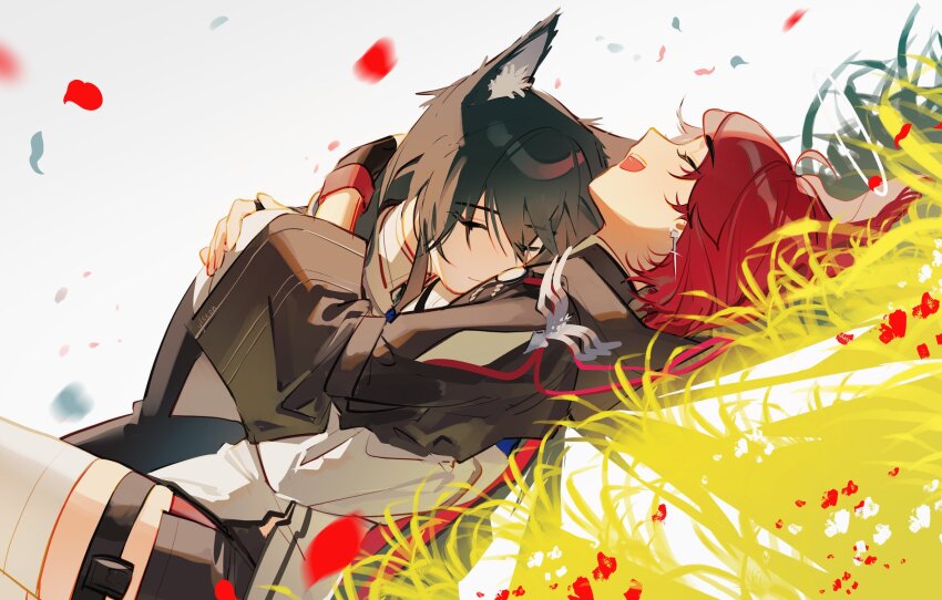 arknights black_gloves black_hair closed_eyes closed_mouth earrings exusiai_(arknights) falling_petals fingerless_gloves gloves highres hug jewelry long_hair medium_hair on_grass open_mouth petals red_hair sleeping smile teeth texas_(arknights) thighhighs upper_teeth_only white_thighhighs ylceon yuri