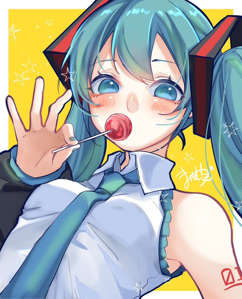 1girl absurdres aqua_eyes aqua_hair aqua_nails aqua_necktie breasts candy commentary_request detached_sleeves food hair_between_eyes hair_ornament hatsune_miku highres holding holding_candy holding_food holding_lollipop lollipop long_hair long_sleeves looking_at_viewer mai_mugi medium_breasts necktie shirt sleeveless sleeveless_shirt solo twintails vocaloid white_shirt