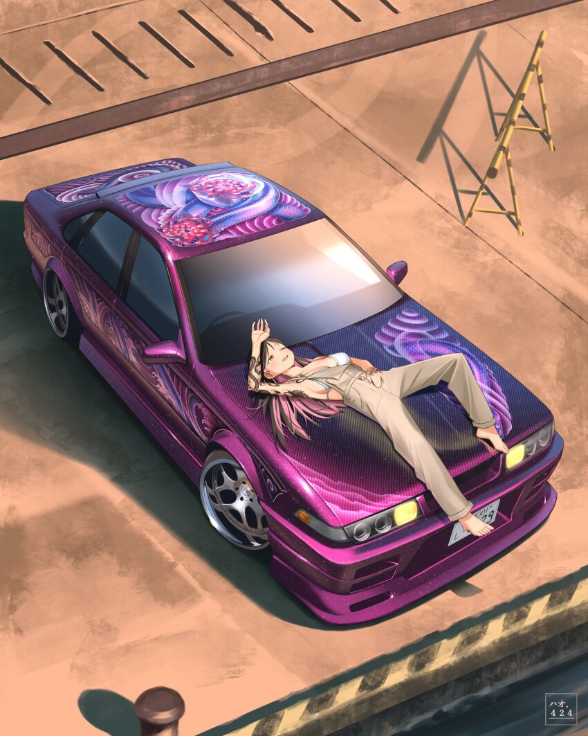 1girl ;d absurdres arm_tattoo arm_up barefoot bra breasts brown_hair brown_overalls car colored_inner_hair commentary english_commentary hand_tattoo haow harbor highres license_plate lying motor_vehicle multicolored_hair nissan_cefiro on_back on_car one_eye_closed open_mouth original outdoors overalls pink_hair shadow shizuku_inoue_(haow) smile solo tattoo toes underwear vehicle_focus white_bra