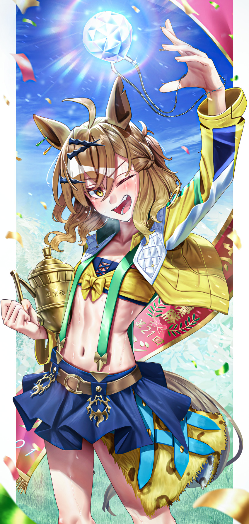1girl absurdres ahoge animal_ears bandeau belt black_skirt blush brown_hair clenched_hand cowboy_shot cropped_jacket fang flat_chest hair_ornament hairclip highres horse_ears horse_girl horse_tail jacket jungle_pocket_(umamusume) long_sleeves manjo_(warito) medium_hair midriff miniskirt navel notched_ear one_eye_closed open_clothes open_jacket open_mouth ponytail short_ponytail skirt smile solo standing suspender_skirt suspenders tail umamusume yellow_eyes yellow_jacket