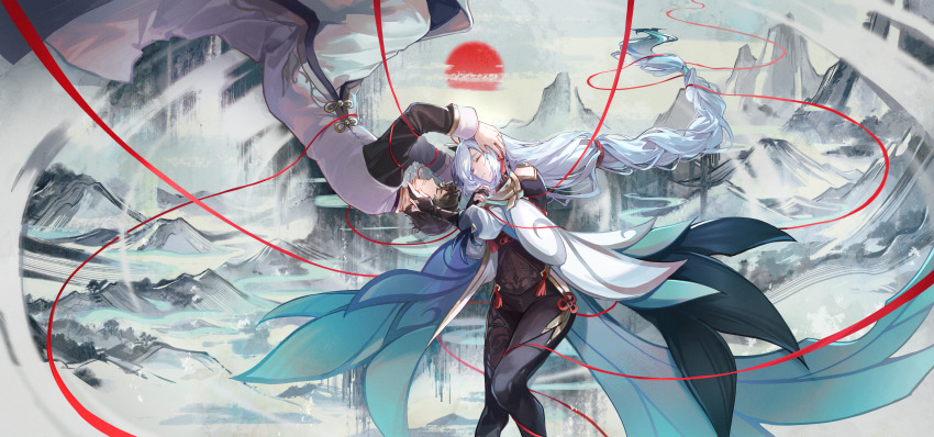 1boy 1girl absurdres black_bodysuit black_hair bodysuit braid braided_ponytail chinese_clothes chinese_knot closed_eyes closed_mouth clothing_cutout commission feet_out_of_frame genshin_impact gloves hand_on_another&#039;s_head highres hip_vent knee_up kyusoukyu long_hair low-braided_long_hair low-tied_long_hair lying mountain on_back on_side partially_fingerless_gloves ribbon second-party_source shenhe_(genshin_impact) short_hair shoulder_cutout sleeping smile very_long_hair white_hair
