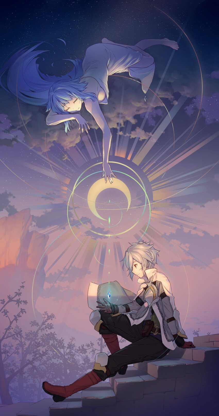 1boy 1girl absurdres armor artemis_(danmachi) bare_arms barefoot bell_cranel belt_pouch black_pants blue_gemstone blue_hair boots breastplate breasts closed_eyes cloud commentary_request crescent dungeon_ni_deai_wo_motomeru_no_wa_machigatteiru_darou_ka gem gloves highres knee_up long_hair medium_breasts naked_towel nilitsu official_alternate_costume official_art on_cloud outdoors pants poleyn pouch red_boots red_eyes red_gloves second-party_source short_hair sitting sky star_(sky) starry_sky towel vambraces white_hair