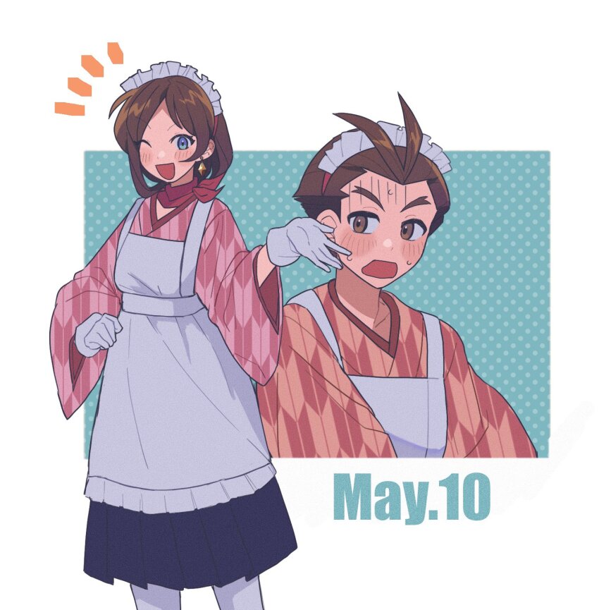 1boy 1girl ace_attorney antenna_hair apollo_justice apron blush brown_hair cosplay dated earrings forked_eyebrows gloves hakama hakama_skirt highres japanese_clothes jewelry jinxie_tenma jinxie_tenma_(cosplay) kimono maid_apron maid_headdress medium_hair nanase_(trfok1) notice_lines one_eye_closed open_mouth phoenix_wright:_ace_attorney_-_dual_destinies pink_kimono red_kimono red_scarf scarf short_hair single_earring skirt smile sweat trucy_wright white_gloves