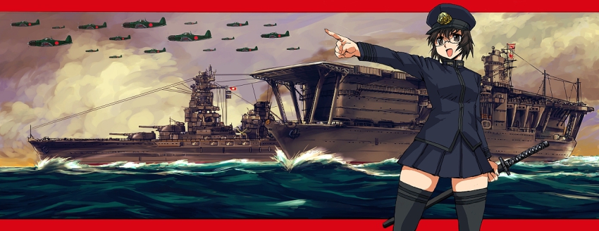 1girl a6m_zero aircraft aircraft_carrier airplane akagi_(aircraft_carrier) battleship border female_focus glasses hat imperial_japanese_navy joshikousei=yamamoto_isoroku kamisimo_90 katana long_image military military_uniform military_vehicle nagato_(battleship) ocean open_mouth pointing propeller_fighter red_border ship solo sword takayama_itsune thighhighs vehicle_focus warship watercraft weapon wide_image world_war_ii zettai_ryouiki