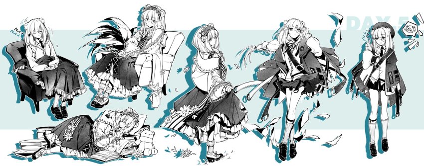 adjusting_eyewear animal_ears arknights bear_ears bear_girl braid chibi chibi_inset fy_fei_xiao_ya glasses highres istina_(arknights) istina_(bibliosmia)_(arknights) kneehighs limited_palette long_hair long_sleeves official_alternate_costume skirt sleeping socks