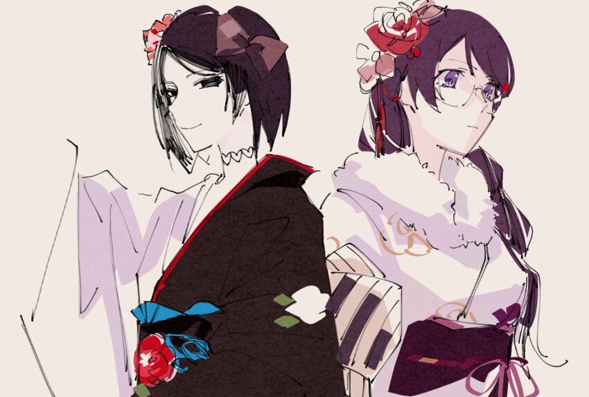 2girls black_sash floral_print flower hair_flower hair_ornament hanekawa_tsubasa highres japanese_clothes kimono long_hair looking_at_viewer medium_hair monogatari_(series) multiple_girls oshino_ougi purple_eyes purple_hair red_flower red_rose rose sash sonnambulo777 two-tone_kimono white_background white_kimono