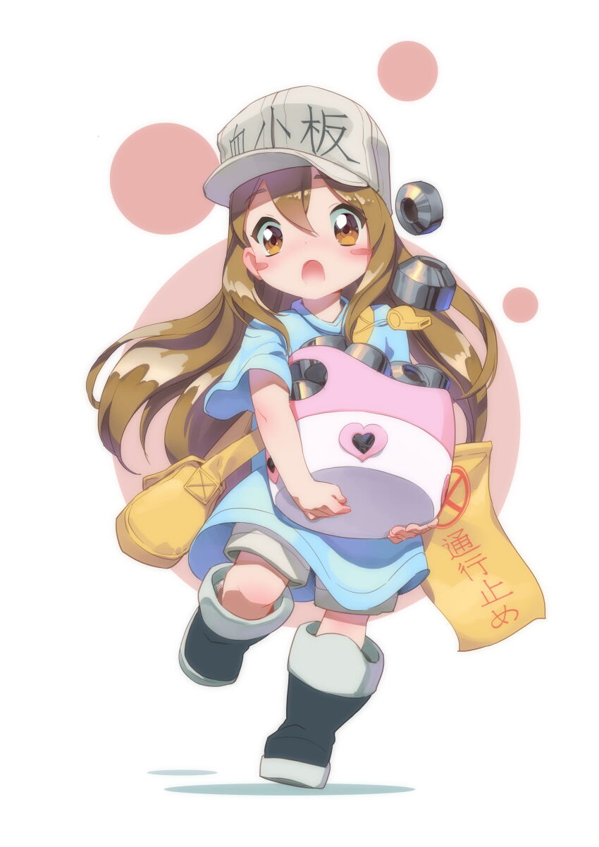 1girl absurdres baseball_cap black_boots blue_shirt boots child female_focus flag flat_cap full_body grey_boots hat hat_writing hataraku_saibou highres holding holding_flag long_hair looking_at_viewer oversized_clothes oversized_shirt platelet_(hataraku_saibou) shirt shorts simple_background solo standing whistle white_hat xiao_duzi