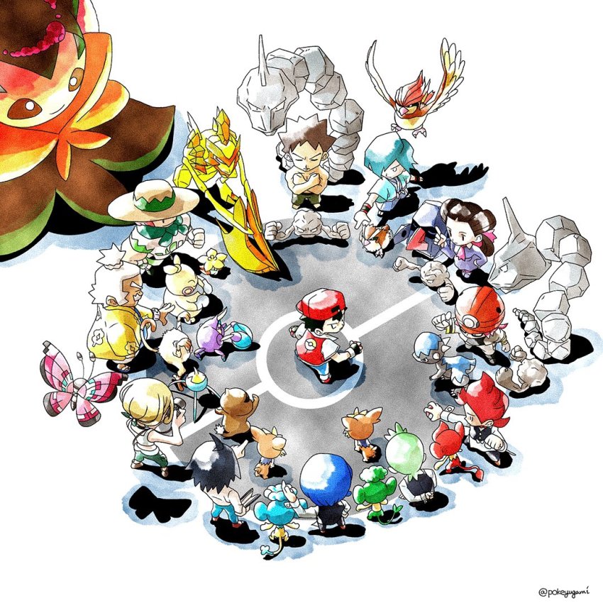 2girls 6+boys arm_behind_back ascot backwards_hat barefoot bird black_gloves black_vest blonde_hair blue_hair blue_pants brock_(pokemon) brown_footwear brown_hair camera cheren_(pokemon) chili_(pokemon) cilan_(pokemon) clenched_hand closed_eyes closed_mouth commentary_request crabrawler cranidos cress_(pokemon) crossed_arms dress dynamax eldegoss falkner_(pokemon) fingerless_gloves from_above gen_1_pokemon gen_3_pokemon gen_4_pokemon gen_5_pokemon gen_6_pokemon gen_7_pokemon gen_8_pokemon geodude gloves gossifleur green_hair green_pants hala_(pokemon) hand_on_own_hip hand_up hat helmet holding holding_camera holding_poke_ball index_finger_raised jacket kleavor lillipup long_hair long_sleeves makuhita mankey milo_(pokemon) multiple_boys multiple_girls nintendo nosepass onix panpour pansage pansear pants patrat pidgeotto pidgey pink_ascot pointing poke_ball poke_ball_print pokemon pokemon_(creature) pokemon_bw pokemon_bw2 pokemon_dppt pokemon_gsc pokemon_rgby pokemon_rse pokemon_sm pokemon_swsh pokemon_xy pokeyugami red_(pokemon) red_hair red_headwear retro_artstyle roark_(pokemon) roxanne_(pokemon) shirt shoes short_hair short_sleeves sleeveless sleeveless_shirt spiked_hair standing surskit topknot topless_male twitter_username vest viola_(pokemon) vivillon white_hair white_shirt wristband