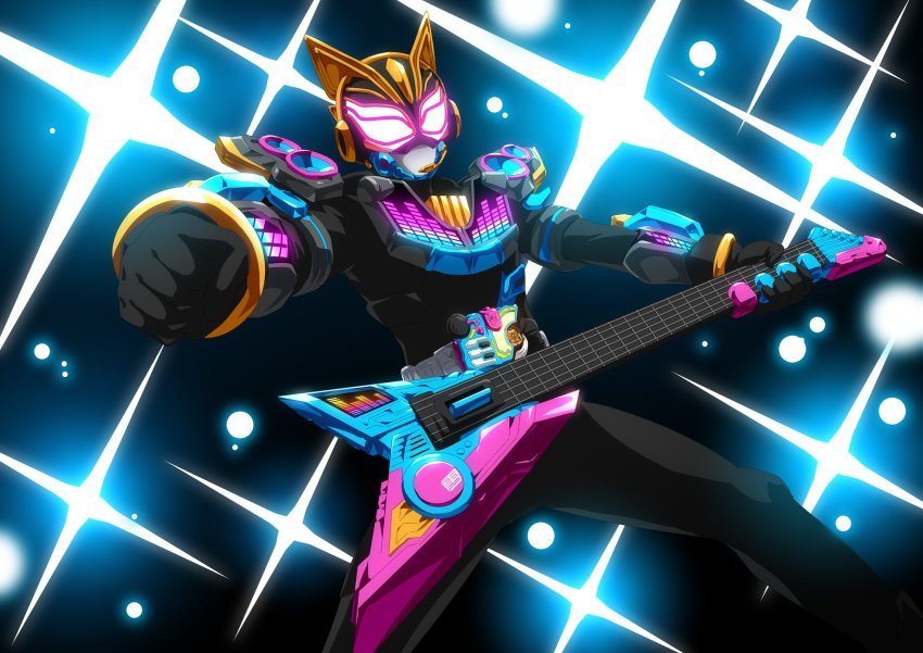 1girl animal_ears axe beat_axe beat_buckle belt black_background black_bodysuit bodysuit cat_ears clenched_hand desire_driver rider_belt earpiece glowing glowing_eyes guitar highres holding holding_instrument instrument kamen_rider kamen_rider_geats_(series) kamen_rider_na-go keytar looking_at_viewer microphone music otokamu pink_eyes playing_instrument raise_buckle sparkle tokusatsu