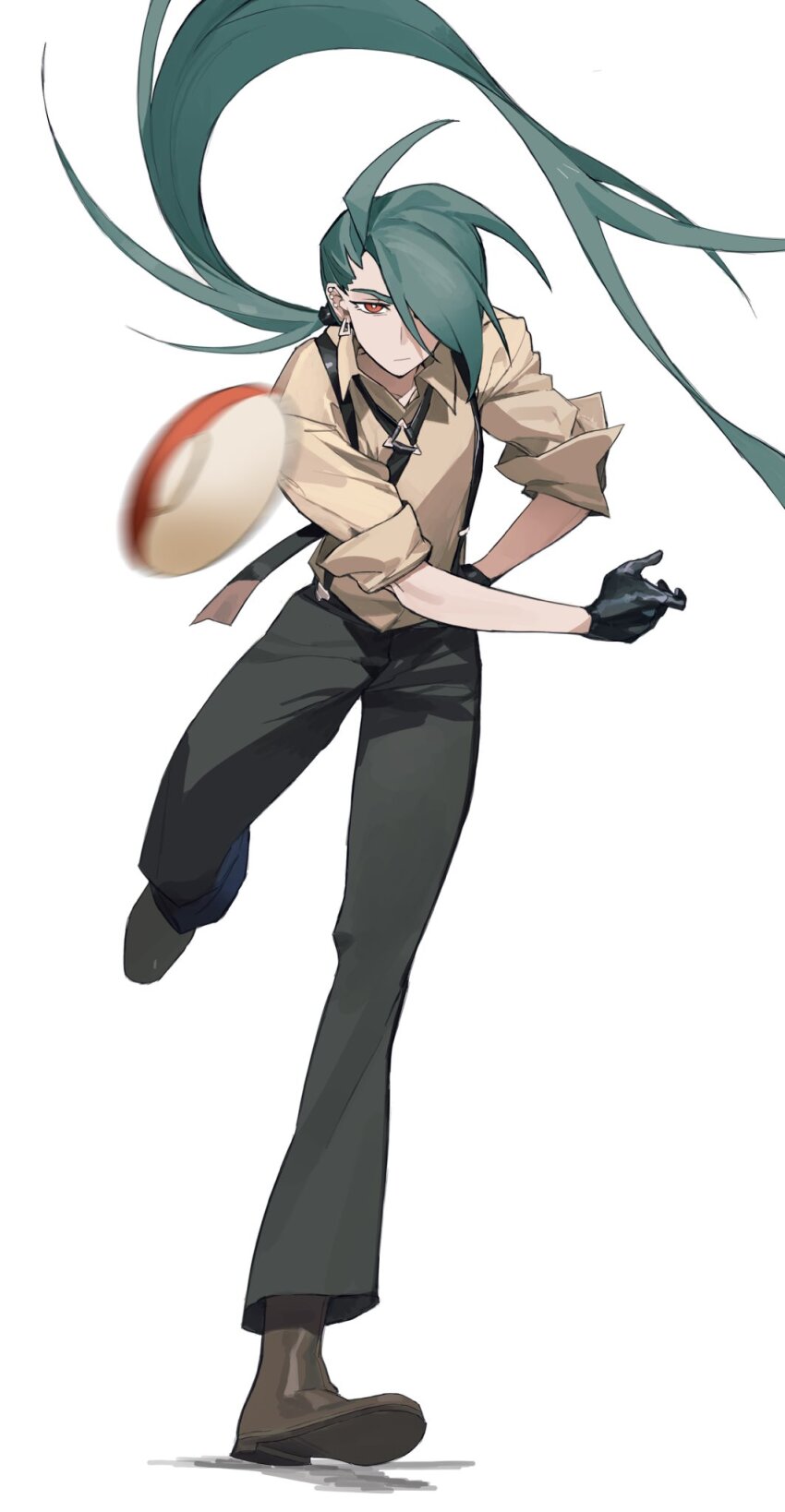 1girl black_gloves black_pants boots brown_shirt closed_mouth earrings full_body gloves green_hair highres jewelry knifedragon long_hair necktie nintendo pants poke_ball poke_ball_(basic) pokemon pokemon_sv ponytail red_eyes rika_(pokemon) shirt shoes simple_background sleeves_rolled_up standing suspenders throwing throwing_poke_ball very_long_hair white_background