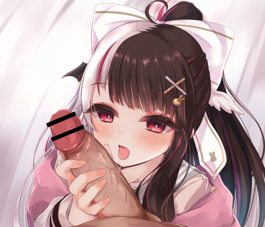 1girl ahoge bar_censor black_hair blush bow censored fellatio fingernails grey_sailor_collar hair_bow hair_ornament hairclip highres konsune_(tengerium) licking licking_penis long_hair looking_at_viewer multicolored_hair nijisanji oral penis ponytail pov pov_crotch red_eyes sailor_collar saliva saliva_trail school_uniform serafuku solo_focus two-tone_hair virtual_youtuber white_hair x_hair_ornament yorumi_rena yorumi_rena_(9th_costume)