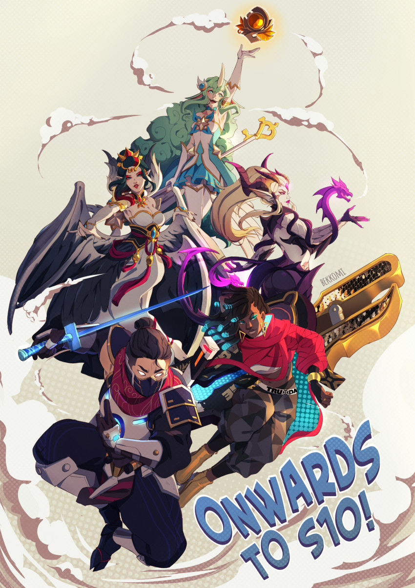 1boy 4girls absurdres arm_up artist_name ass bekkomi black_gloves blonde_hair breasts brown_hair cleavage commentary dragon dragon_sorceress_zyra dreadlocks english_commentary english_text floating floating_object gloves glowing glowing_eyes green_hair highres holding holding_sword holding_weapon horns katana large_breasts league_of_legends long_hair looking_at_viewer majestic_empress_morgana mask morgana_(league_of_legends) mouth_mask multiple_girls ninja ponytail pulsefire_shen senna_(league_of_legends) shen_(league_of_legends) single_horn smile soraka_(league_of_legends) star_guardian_(league_of_legends) star_guardian_soraka sword true_damage_senna weapon white_gloves wings zyra