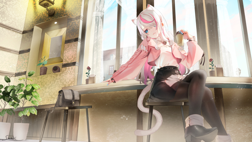 1girl animal_ears bag black_pantyhose black_shoes black_skirt blue_eyes blue_nails blue_sky cat_ears cat_girl cat_tail closed_mouth cloud cloudy_sky commentary_request crossed_legs cup curtains day disposable_coffee_cup disposable_cup hair_over_one_eye hand_up handbag highres holding holding_cup indoors jacket long_hair long_sleeves multicolored_hair nail_polish open_clothes open_jacket original pantyhose pink_hair pink_jacket plant potted_plant puffy_long_sleeves puffy_sleeves saraki shirt shoes sitting skirt sky solo stool streaked_hair tail transparent very_long_hair white_hair white_shirt window
