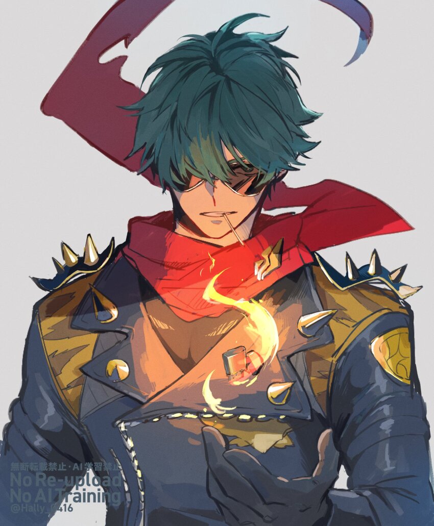 1boy black_gloves black_shirt commentary_request fire gloves green_eyes green_hair grey_background hair_between_eyes hair_over_one_eye hally highres jacket leather leather_jacket lighter lighter_(zenless_zone_zero) looking_at_viewer male_focus red_pupils red_scarf scarf shirt short_hair shoulder_spikes solo spiked_jacket spikes studded_gloves sunglasses teeth throwing toothpick torn_clothes torn_scarf torn_shirt upper_body zenless_zone_zero