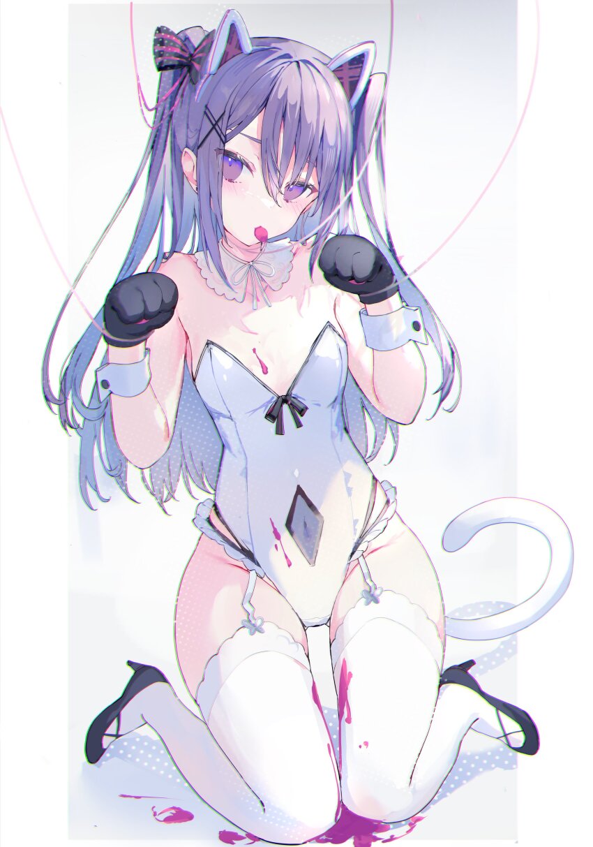 1girl absurdres animal_ears bow breasts cat_ears cat_tail fake_animal_ears fake_tail food_in_mouth full_body gloves gradient_background grey_background hair_between_eyes hair_bow hair_ornament head_tilt high_heels highres kneeling long_hair long_sidelocks off-shoulder_leotard original paw_pose pink_liquid purple_eyes purple_hair sidelocks small_breasts solo tail tatsukisan thighhighs white_background wrist_cuffs x_hair_ornament