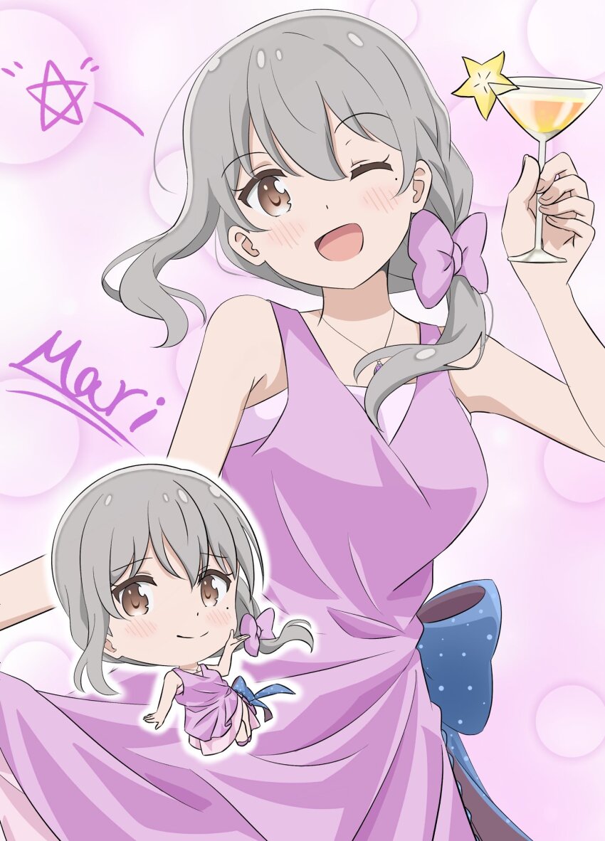 1girl bare_shoulders breasts character_name chibi closed_mouth cup dress drinking_glass english_text feet_out_of_frame female_focus full_body glass grey_eyes grey_hair hair_between_eyes highres holding jewelry koisuru_asteroid looking_at_viewer medium_breasts mole mole_under_eye morino_mari necklace one_eye_closed open_mouth qb_(qb46311027) smile solo standing star_(symbol) wine_glass