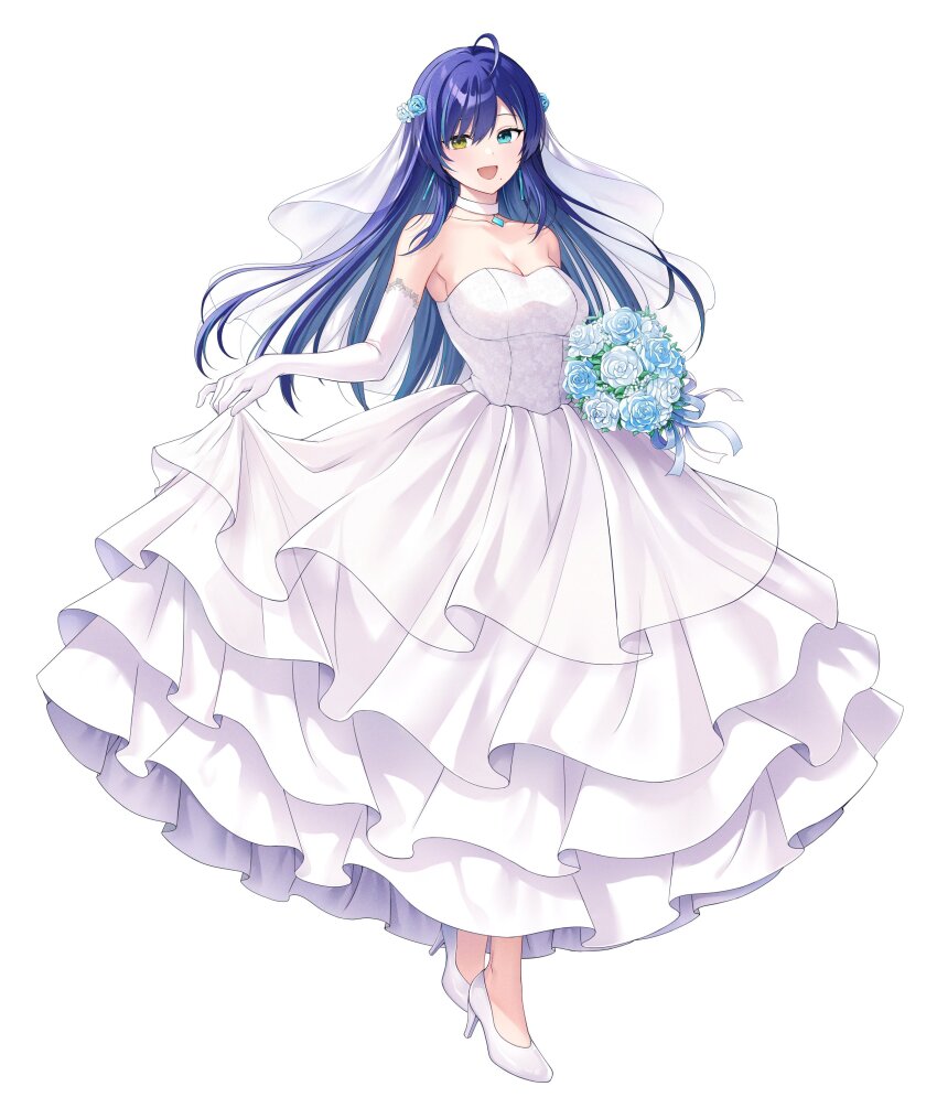 1girl absurdres ahoge aoki_rio blue_eyes blue_flower blue_hair blue_rose bouquet breasts bridal_veil choker cleavage commission dress e_(eokiba) elbow_gloves flower full_body gloves hair_flower hair_ornament high_heels highres holding holding_bouquet holding_unworn_clothes holding_unworn_dress indie_virtual_youtuber long_hair mole mole_under_eye open_mouth rose skeb_commission skirt_hold solo strapless strapless_dress veil virtual_youtuber wedding_dress white_choker white_flower white_footwear white_gloves white_rose yellow_eyes