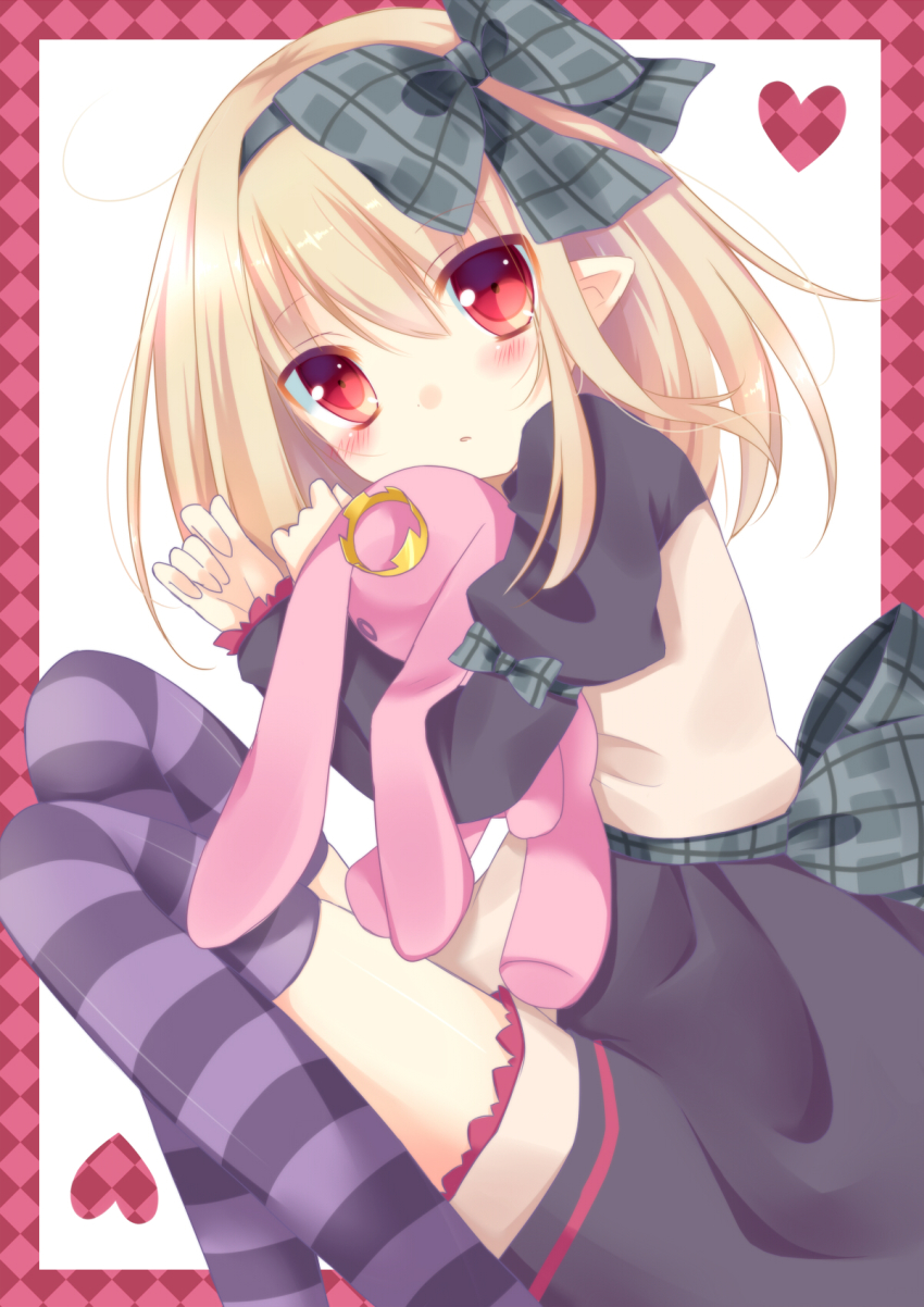 1girl blonde_hair bow dark_feather_alma emil_chronicle_online female_focus hair_bow hair_ribbon highres hoshi_(snacherubi) hugging_doll hugging_object looking_at_viewer pointy_ears red_eyes ribbon solo striped_clothes striped_thighhighs stuffed_animal stuffed_rabbit stuffed_toy thighhighs