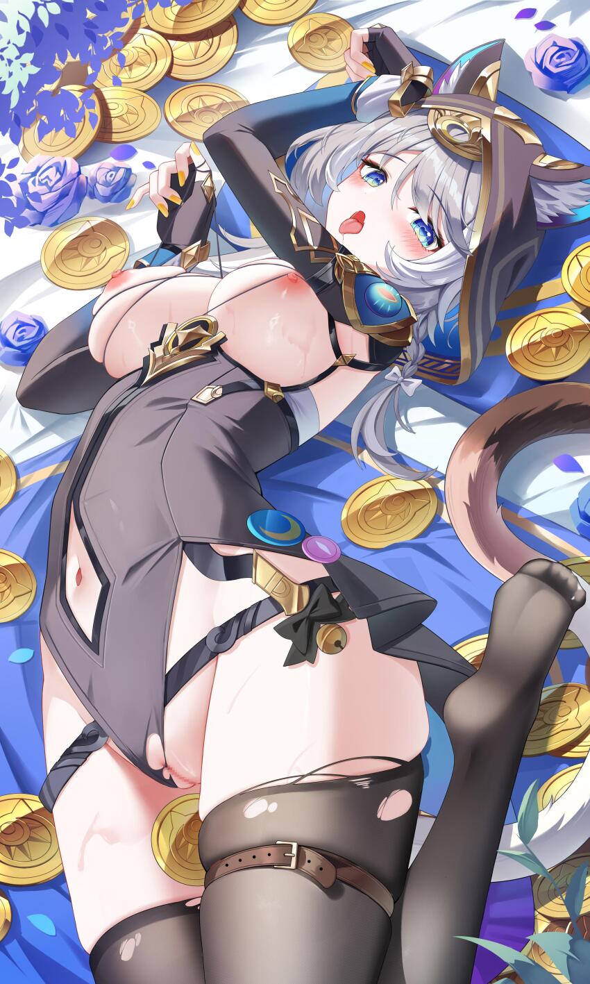 1girl :p absurdres animal_ear_fluff animal_ears arms_up barefoot belt black_leotard blue_eyes blush breasts cat_ears censored chinese_commentary cipher_(honkai:_star_rail) closed_mouth clothing_cutout coin commentary_request feet fingernails flower foot_out_of_frame grey_hair highleg highleg_leotard highres holding holding_coin honkai:_star_rail honkai_(series) jndfh large_breasts leotard long_hair long_sleeves looking_at_viewer lying mosaic_censoring nail_polish navel navel_cutout nipples no_shoes on_back paid_reward_available paw_pose purple_flower pussy soles solo thigh_belt thigh_strap thighs toes tongue tongue_out torn_clothes torn_leotard variant_set very_long_hair yellow_nails