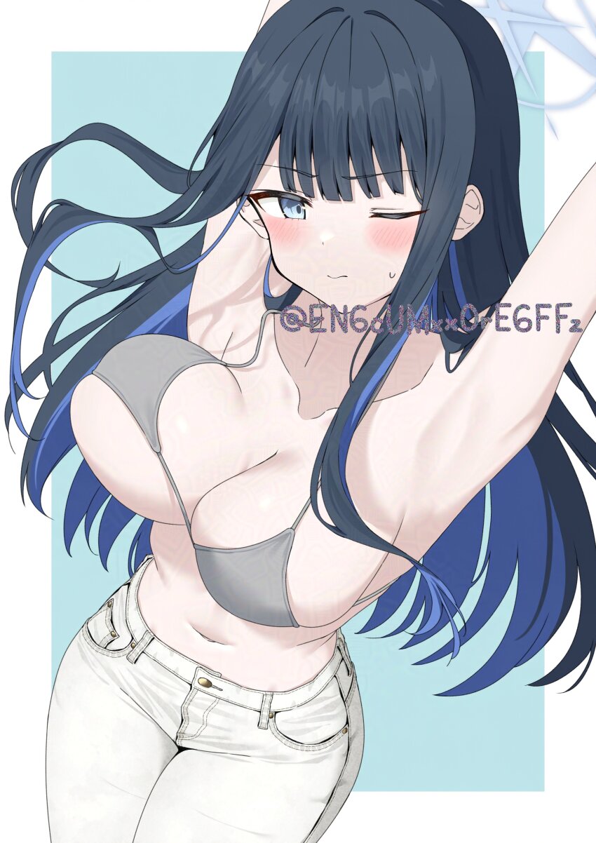 1girl ;/ absurdres adversarial_noise alternate_costume armpits arms_behind_head arms_up bare_arms bikini bikini_top_only black_hair blue_archive blue_background blue_hair blue_halo blue_streaks blunt_bangs blush border bouncing_breasts breasts closed_mouth collarbone colored_inner_hair commentary denim foreshortening from_above furrowed_brow grey_bikini halo highres jeans large_breasts legs_together long_hair long_sidelocks looking_at_viewer multicolored_hair navel one_eye_closed outside_border pants saori_(blue_archive) serious sidelocks solo standing stomach streaked_hair sweatdrop swimsuit twitter_username two-tone_hair white_border white_pants yamano_rokamizu
