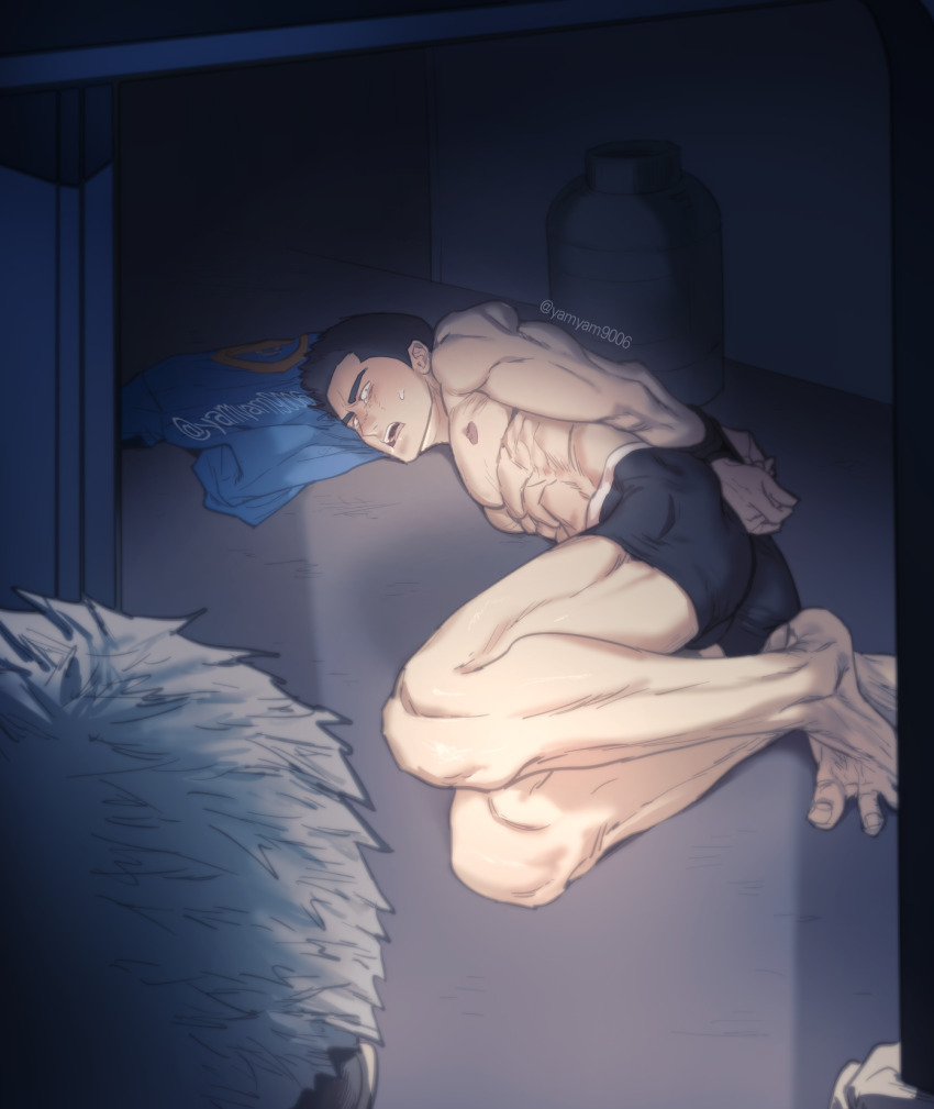 2boys ao_isami arms_behind_back bara black_hair black_male_underwear boxers facial_hair highres lying male_focus male_underwear multiple_boys on_side sad saliva shirt shredded_muscles sideburns_stubble solo_focus stubble t-shirt tearing_up thick_eyebrows thomas_j._prahmman topless_male underwear unworn_shirt yamyam9006 yuuki_bakuhatsu_bang_bravern