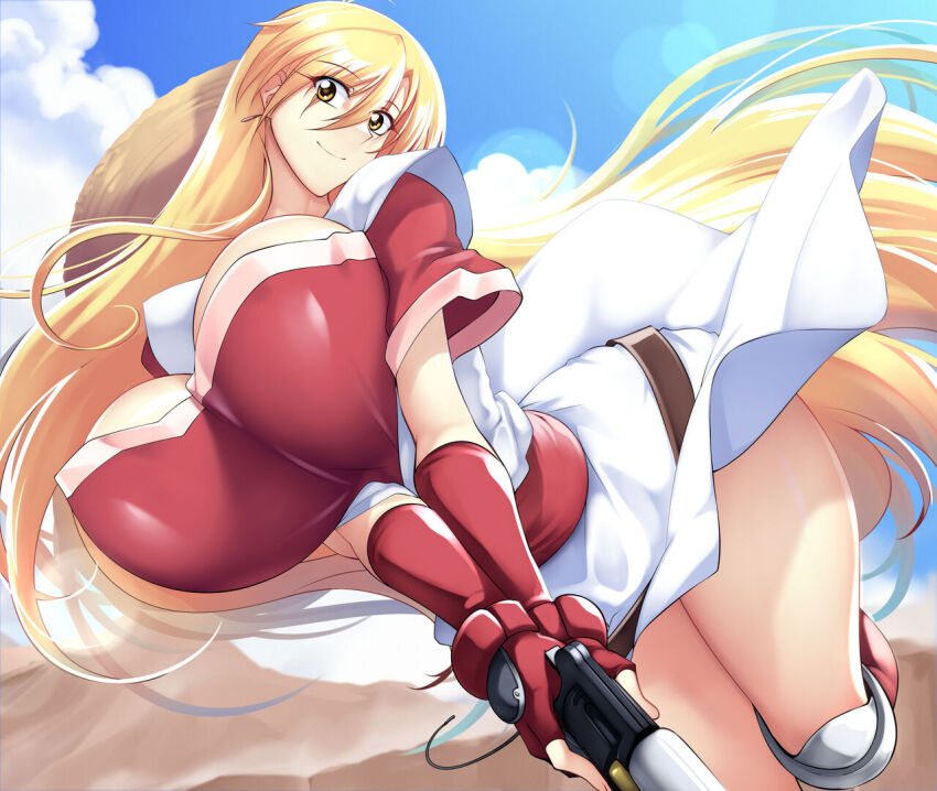 1girl blonde_hair breasts cleavage cloud grenadier_(manga) gun haganef huge_breasts lens_flare long_hair sky smile tendou_rushuna weapon